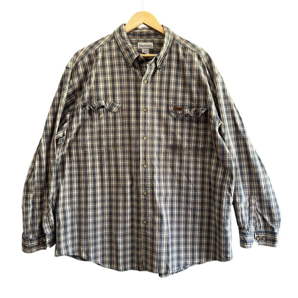 Carhartt Work Shirt Men's 2XL Blue Plaid Rugged Heavy Cotton Canvas Long Sleeve